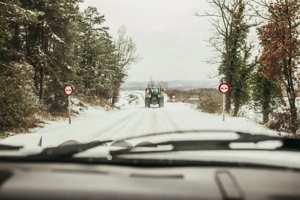 classic car driving in Colorado winter