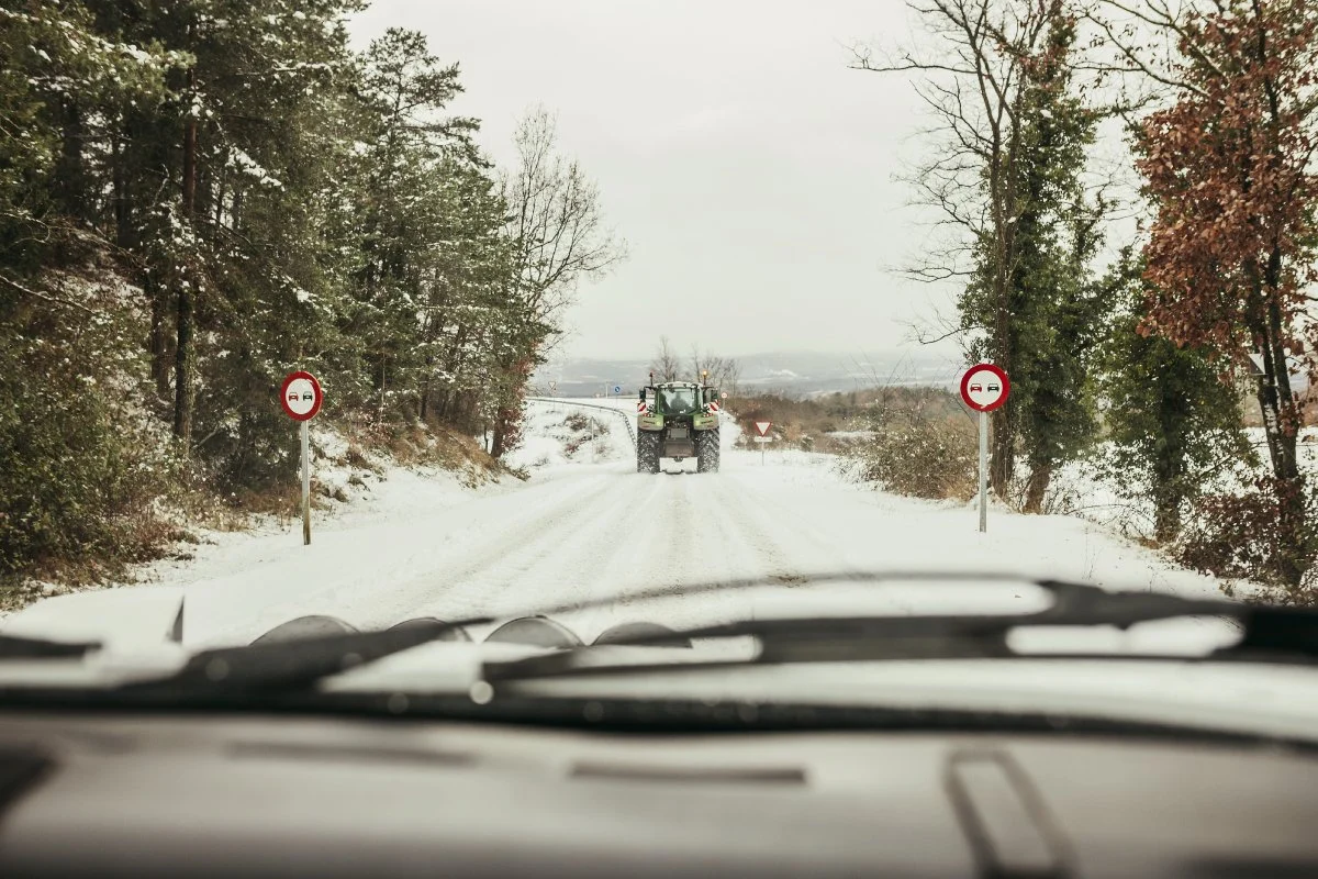 classic car driving in Colorado winter