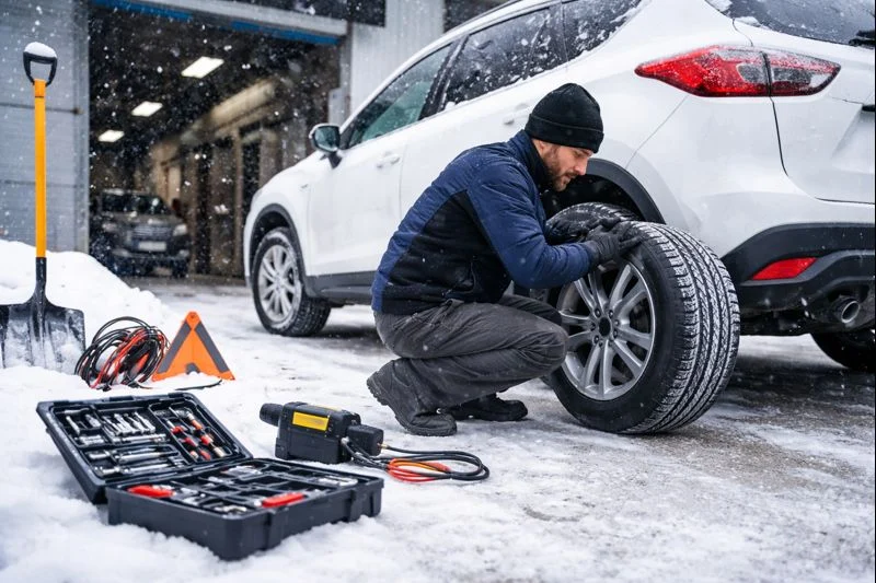 mechanic making winter tire replacement
